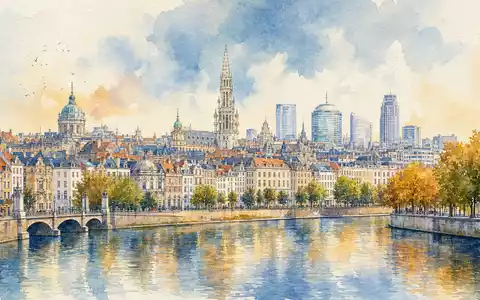 Aquarellmalerei der Brüsseler Skyline am Fluss, künstlerisches Motiv zu Ageas SA/NV, ISIN BE0974264930 - Foto: THN