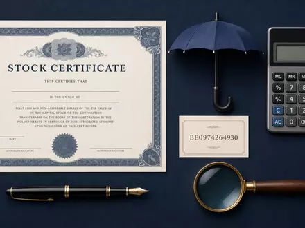Elegantes Flatlay mit Aktienzertifikat und ISIN-Karte, Utensilien symbolisieren Ageas SA/NV, ISIN BE0974264930 - Foto: THN