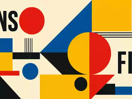 Bauhaus-Poster mit geometrischen Formen und Sektor-Text INS FIN, Motiv zu Ageas SA/NV, ISIN BE0974264930 - Foto: THN