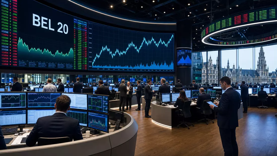 Handelsraum mit BEL 20 Charts, Editorial-Bild für Ageas SA/NV, ISIN BE0974264930