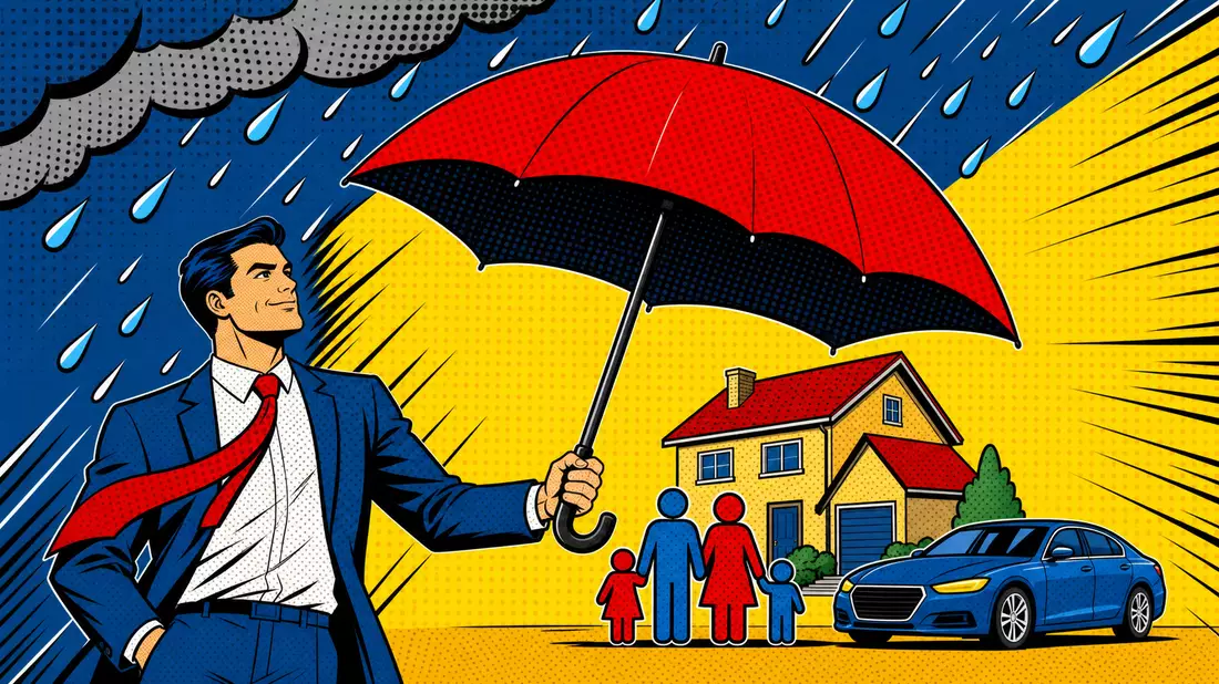 Pop-Art-Comic mit Schirm über Familie, Symbolbild für Ageas SA/NV, ISIN BE0974264930