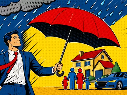 Pop-Art-Comic zeigt Geschäftsperson mit Schutzschirm über Familie, farbenfrohes Motiv zu Ageas SA/NV, ISIN BE0974264930 - Foto: THN