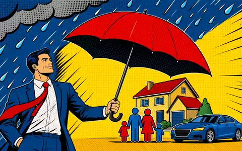 Pop-Art-Comic zeigt Geschäftsperson mit Schutzschirm über Familie, farbenfrohes Motiv zu Ageas SA/NV, ISIN BE0974264930 - Foto: THN