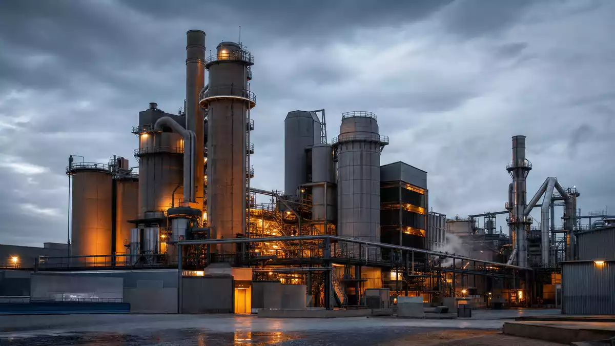 Recyclinganlage für Edelmetalle bei Dämmerung mit beleuchteten Türmen