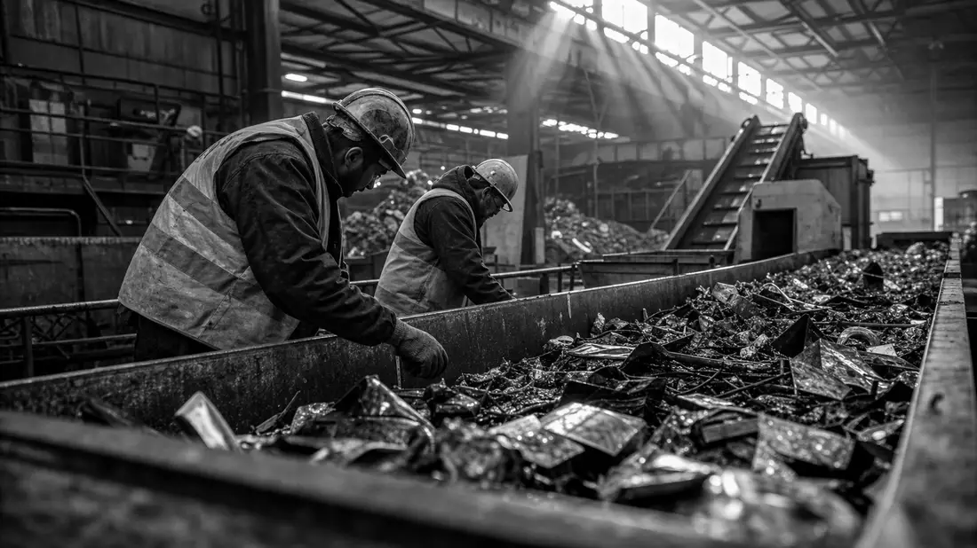 Schwarzweißfoto von Arbeitern beim Sortieren von Metallschrott in einer Fabrikhalle