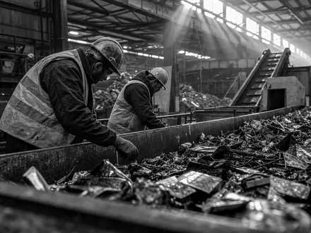 Umicore S.A. (BE0974320526) beschäftigt Arbeiter, die Schrott in einer Recyclinganlage dokumentarisch sortieren - Foto: THN