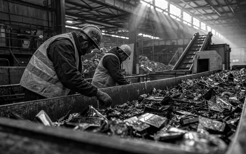 Umicore S.A. (BE0974320526) beschäftigt Arbeiter, die Schrott in einer Recyclinganlage dokumentarisch sortieren - Foto: THN