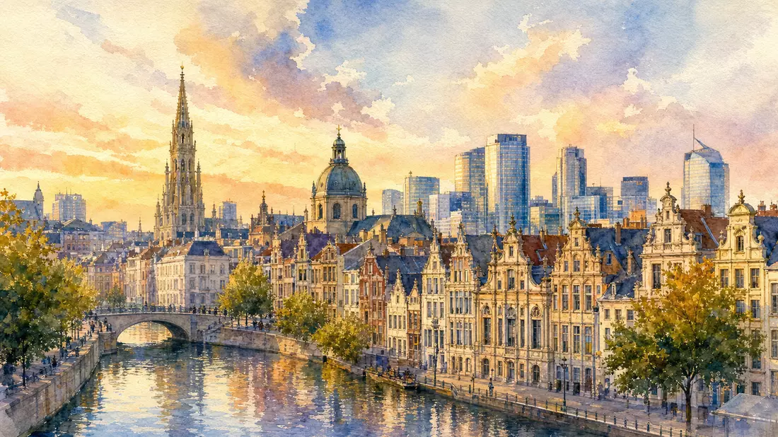 Aquarellmalerei der Brüsseler Skyline mit Giebelhäusern und Glastürmen