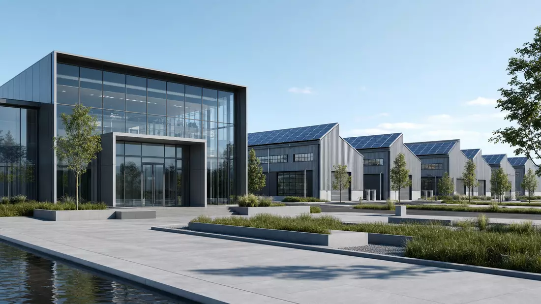 Architektur-Rendering eines modernen Industriecampus mit Glasfassade und Solardächern