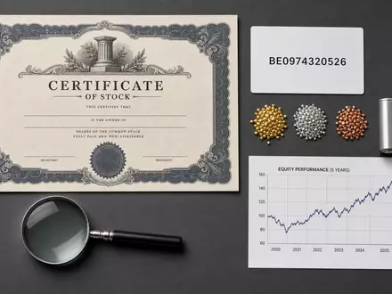 Umicore S.A. (BE0974320526) wird durch ein Flatlay mit Aktienzertifikat, ISIN-Karte und Metallproben symbolisiert - Foto: THN