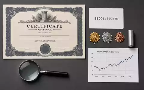 Umicore S.A. (BE0974320526) wird durch ein Flatlay mit Aktienzertifikat, ISIN-Karte und Metallproben symbolisiert - Foto: THN