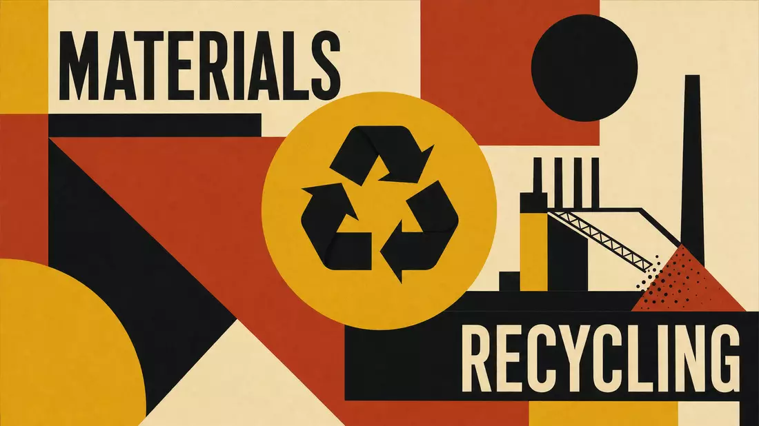 Bauhaus-Poster mit geometrischen Formen und den Begriffen MATERIALS und RECYCLING