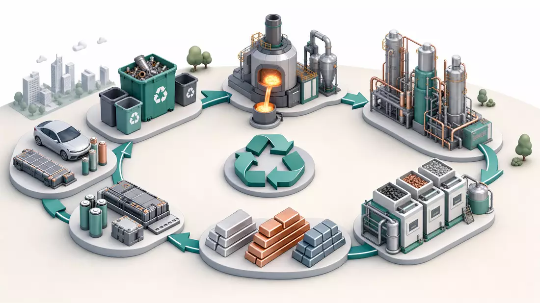 Isometrische 3D-Illustration eines Recycling-Kreislaufs von Sammlung bis Metallbarren