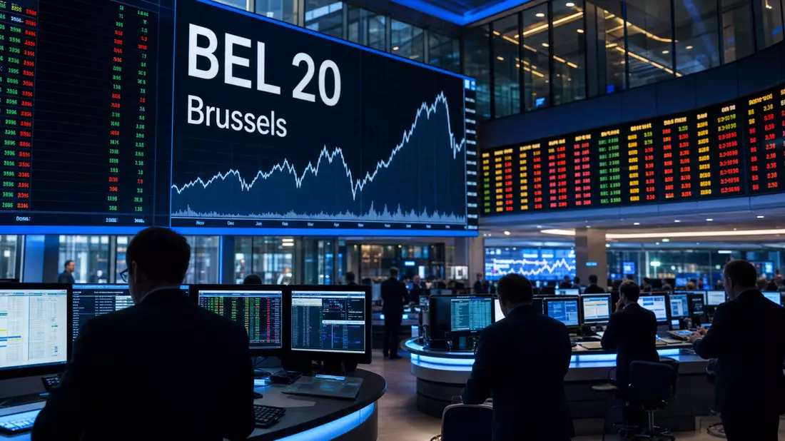 Editorial-Foto eines Börsenhandelsraums mit Kurscharts und BEL 20 Anzeige in Brussels