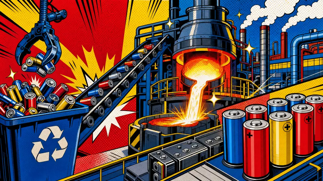 Pop-Art-Comic-Illustration einer Recyclingfabrik mit Schmelzofen und bunten Batteriezellen