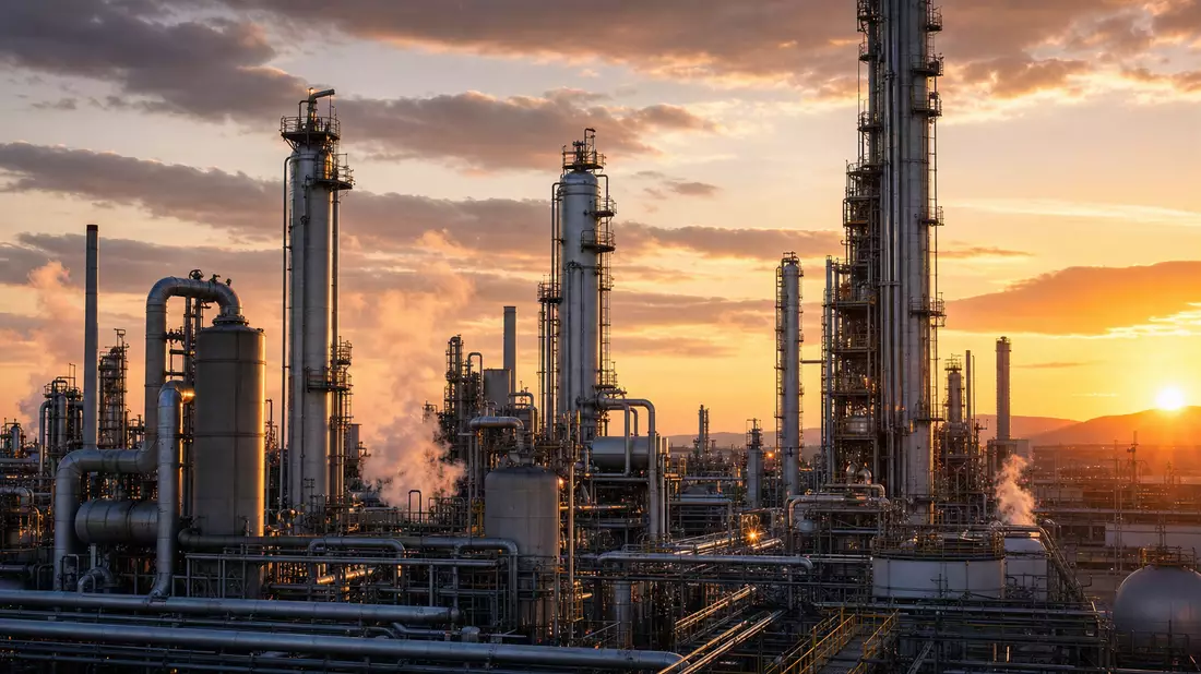 Fotorealistische Chemieanlage mit Reaktortürmen und Dampf, Industriestandort bei Sonnenuntergang, BE0003470755