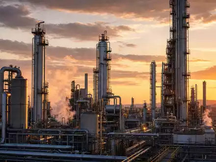 Fotorealistische Ansicht einer Solvay S.A. Chemieanlage mit Reaktortürmen zeigt Prozesswärme, BE0003470755 Industrieproduktion sichtbar - Foto: THN