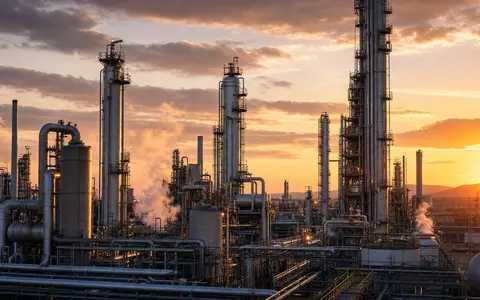 Fotorealistische Ansicht einer Solvay S.A. Chemieanlage mit Reaktortürmen zeigt Prozesswärme, BE0003470755 Industrieproduktion sichtbar - Foto: THN