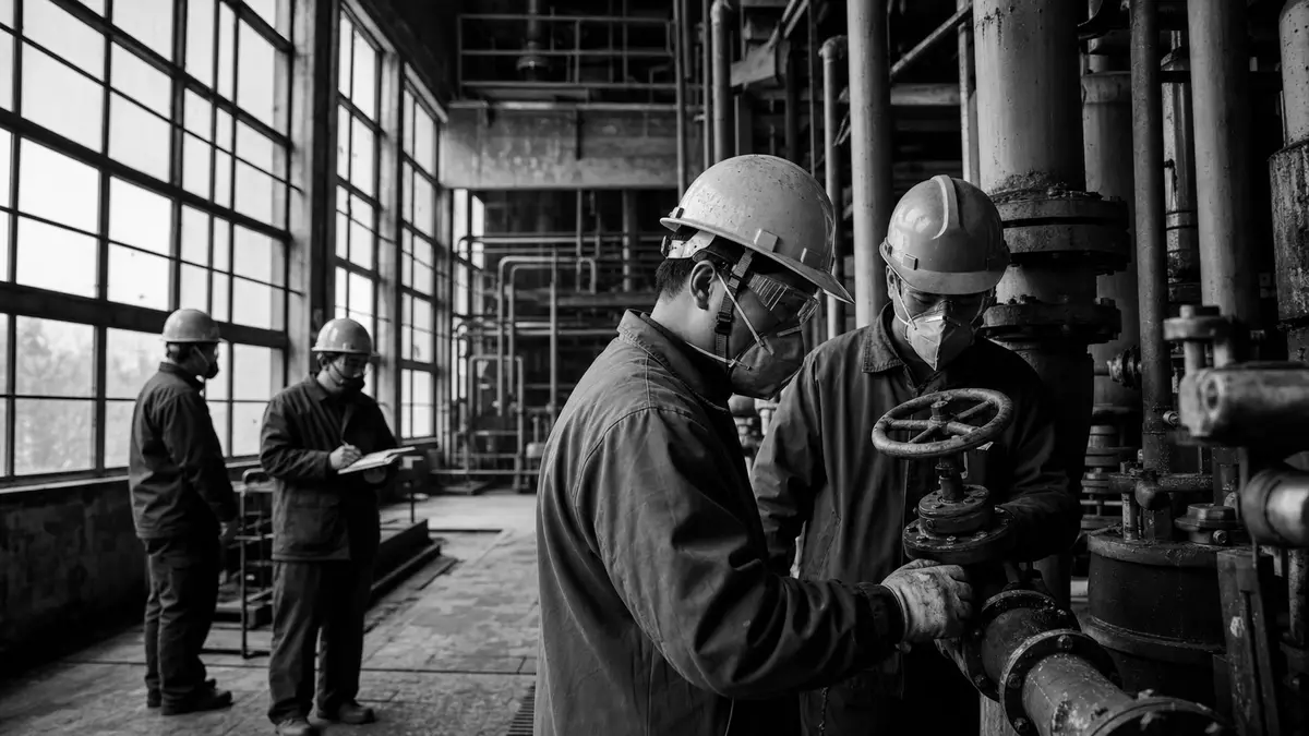 Dokumentarische Schwarzweiß-Aufnahme von Arbeitern in einer Chemiefabrik bei der Arbeit