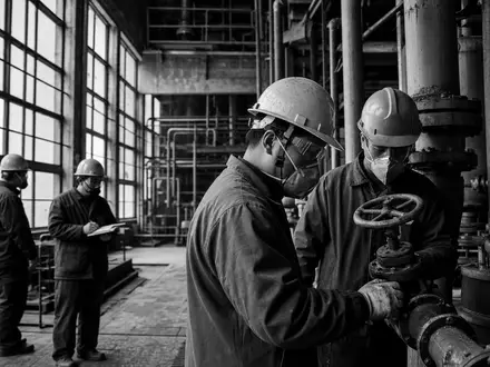 Schwarzweiß-Reportagefoto dokumentiert Arbeiter in Solvay S.A. Chemiewerk, industrielle Atmosphäre, BE0003470755 Produktionslinie authentisch - Foto: THN