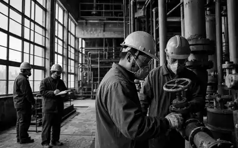 Schwarzweiß-Reportagefoto dokumentiert Arbeiter in Solvay S.A. Chemiewerk, industrielle Atmosphäre, BE0003470755 Produktionslinie authentisch - Foto: THN
