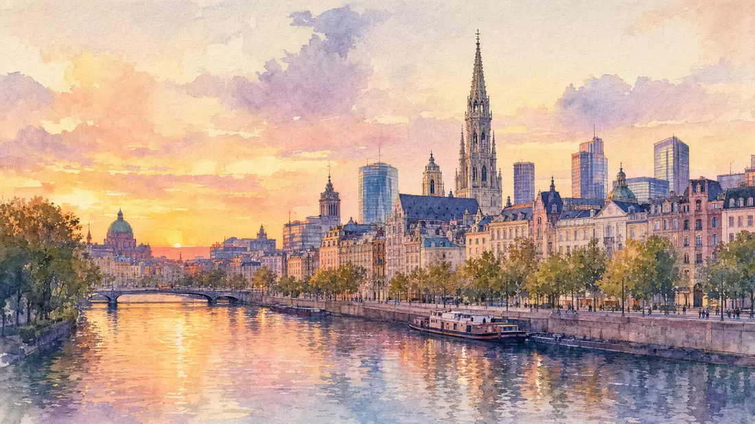 Aquarell-Illustration der Brüsseler Skyline mit Fluss und weichen Pastellfarben