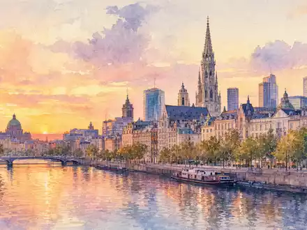 Aquarellmalerei zeigt Brussels Skyline und Fluss, weiche Farbverläufe, Solvay S.A. Hauptsitz Ambiente, BE0003470755 gehört dazu - Foto: THN