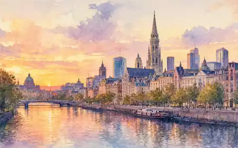 Aquarellmalerei zeigt Brussels Skyline und Fluss, weiche Farbverläufe, Solvay S.A. Hauptsitz Ambiente, BE0003470755 gehört dazu - Foto: THN