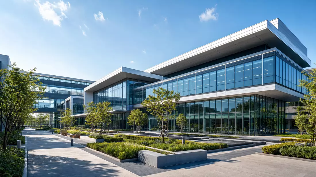 Architektur-Render eines modernen Glas-Forschungsgebäudes mit Grünflächen bei Tageslicht