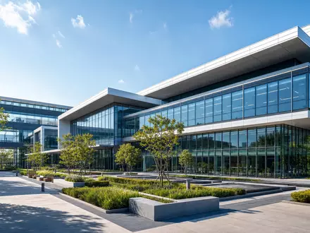 Architektonisches 3D-Render eines modernen Forschungscampus repräsentiert Solvay S.A. Innovationszentrum, BE0003470755 Chemieforschung visualisiert - Foto: THN