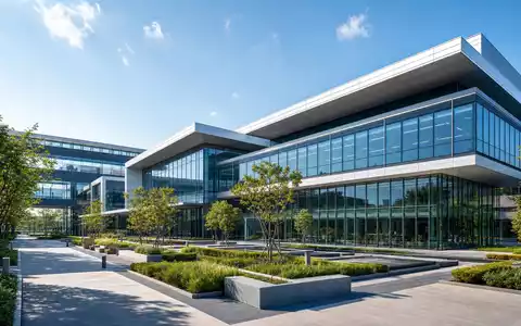 Architektonisches 3D-Render eines modernen Forschungscampus repräsentiert Solvay S.A. Innovationszentrum, BE0003470755 Chemieforschung visualisiert - Foto: THN