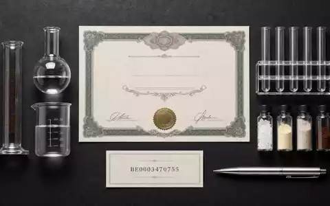 Elegantes Flatlay-Arrangement mit Aktienzertifikat, ISIN-Karte BE0003470755 und Laborutensilien symbolisiert Solvay S.A. Chemieunternehmen stilvoll - Foto: THN
