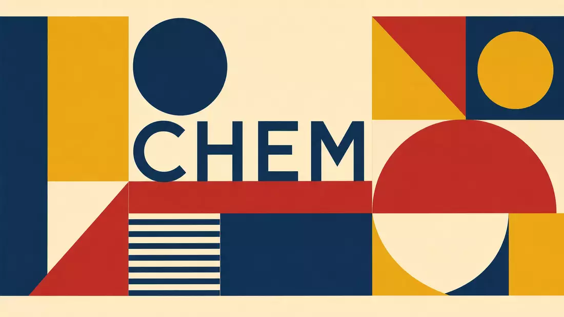 Bauhaus-Stil Poster mit geometrischen Formen und dem Wort CHEM in kräftigen Farben