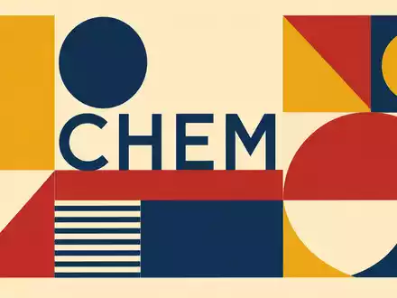 Bauhaus-Poster mit geometrischen Formen und Sektortext CHEM symbolisiert Solvay S.A. Industriezweig, BE0003470755 als Kennung eingeblendet - Foto: THN