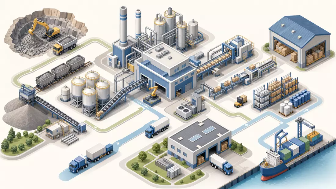 Isometrische 3D-Grafik einer industriellen Produktionskette mit Fabrikgebäuden und Lagertanks