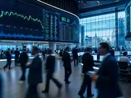 Börsen-Editorial-Szene im Euronext Brussels Handelsraum mit BEL 20 Charts zeigt Solvay S.A. Aktie BE0003470755 gehandelt - Foto: THN