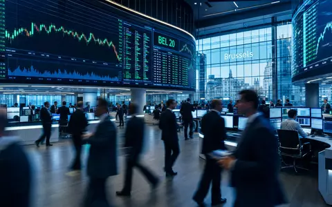 Börsen-Editorial-Szene im Euronext Brussels Handelsraum mit BEL 20 Charts zeigt Solvay S.A. Aktie BE0003470755 gehandelt - Foto: THN
