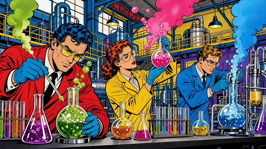 Pop-Art-Comic-Illustration von Chemikern in bunter Fabrikhalle mit Halbtonpunkten