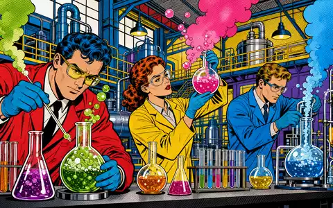 Pop-Art-Comic-Szene mit stilisierten Chemikern in Fabrikhalle illustriert Solvay S.A. Branchenumfeld, BE0003470755 spielerisch dargestellt - Foto: THN