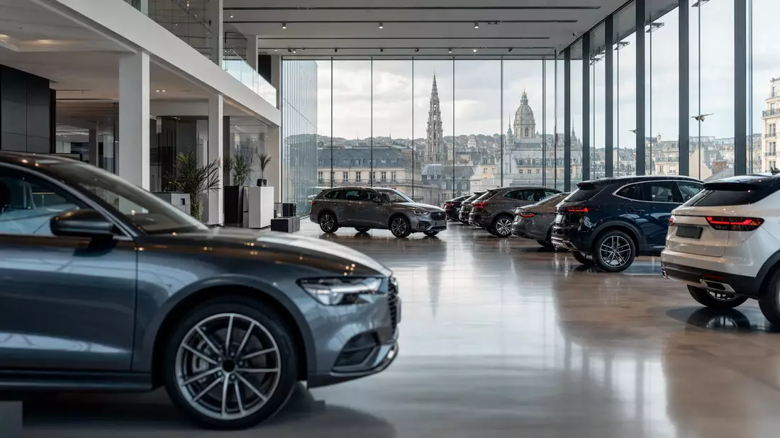 Autohändler-Showroom mit unmarkierten Fahrzeugen, D'Ieteren Group BE0974259880