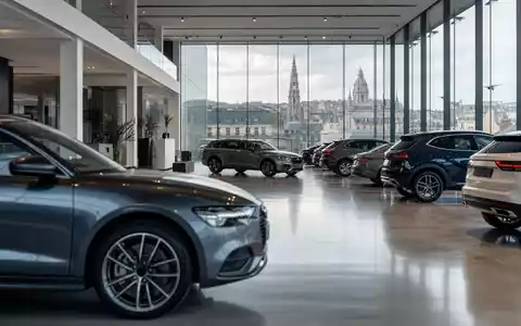 D'Ieteren Group BE0974259880 zeigt fotorealistischen Autohändler-Showroom mit unmarkierten Fahrzeugen und Brüsseler Stadtblick im Hintergrund - Foto: THN