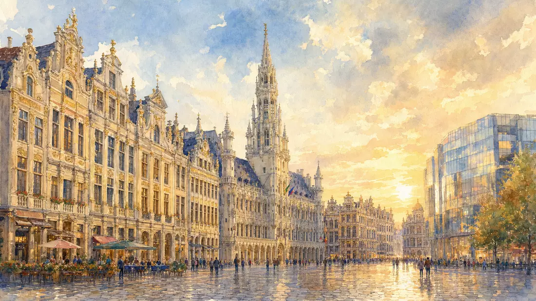 Aquarellbild der Brüsseler Altstadt mit modernem Gebäude, D'Ieteren Group BE0974259880