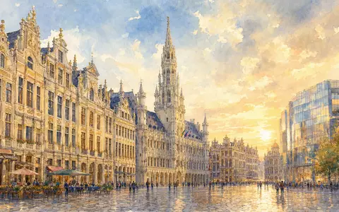 D'Ieteren Group BE0974259880 präsentiert Aquarellmalerei der historischen Brüsseler Innenstadt mit modernem Glasgebäude am Horizont - Foto: THN