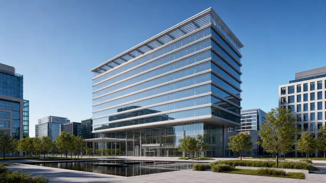 Architektur-Render einer Bürozentrale mit Glasfassade, D'Ieteren Group BE0974259880