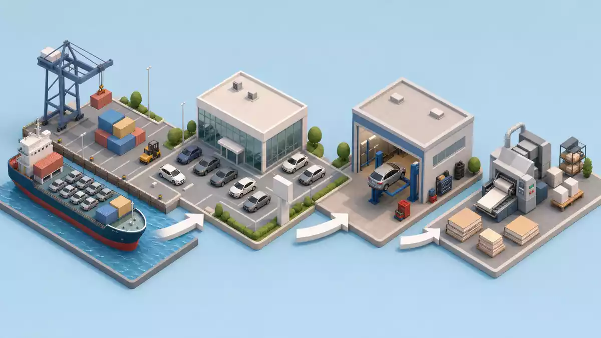 Isometrische 3D-Wertschöpfungskette Hafen bis Werkstatt, D'Ieteren Group BE0974259880