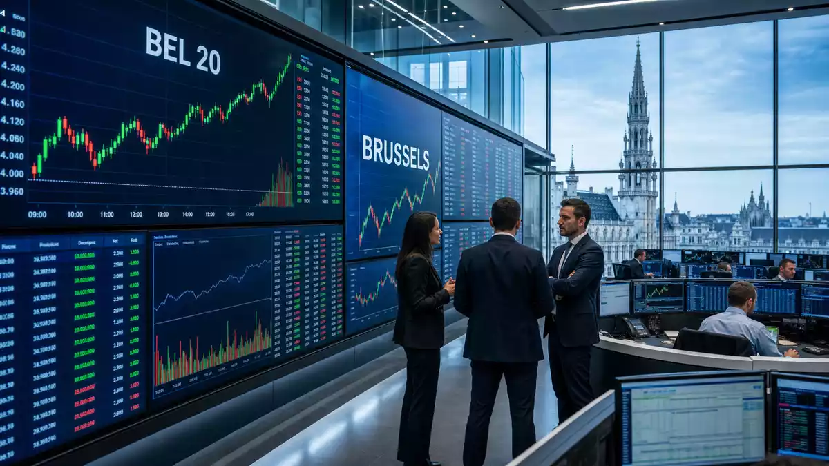 Trading-Floor mit BEL 20 Kurschart und Brüssel-Skyline, D'Ieteren Group BE0974259880