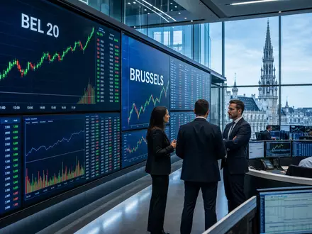 D'Ieteren Group BE0974259880 illustriert Börsen-Editorial mit BEL 20 Kurscharts und Brüssel-Skyline im Handelsraum-Hintergrund - Foto: THN