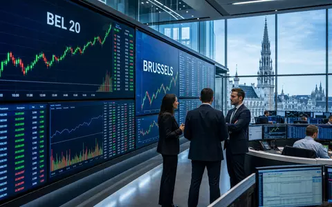 D'Ieteren Group BE0974259880 illustriert Börsen-Editorial mit BEL 20 Kurscharts und Brüssel-Skyline im Handelsraum-Hintergrund - Foto: THN