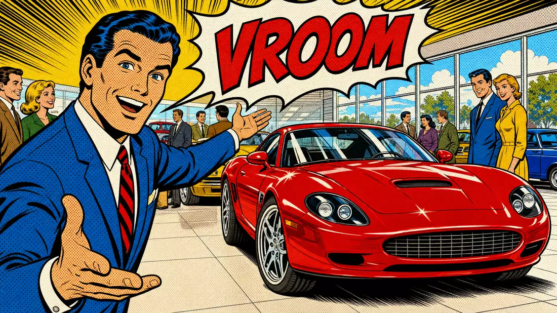 Pop-Art-Comic Verkäufer präsentiert roten Sportwagen im Showroom, D'Ieteren Group BE0974259880