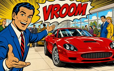 D'Ieteren Group BE0974259880 begeistert im Pop-Art-Comic-Stil mit Verkäufer, rotem Sportwagen und Sprechblase VROOM im Showroom - Foto: THN